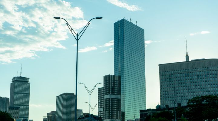 City skyline with modern office towers